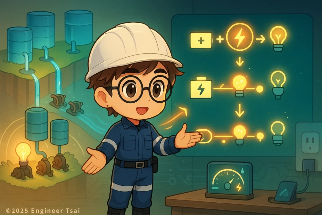 Engineer Tsai講解什麼是電壓？用水壓和高度差類比電壓的教學示意圖