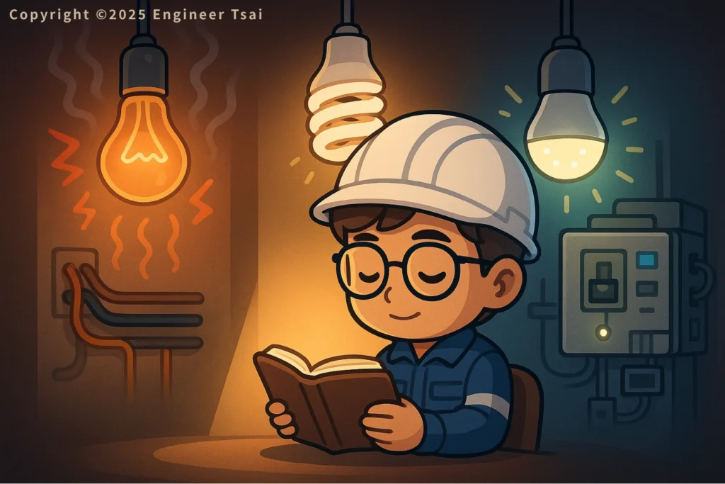Engineer Tsai在三種燈泡前讀書，左燈過熱，右側LED明亮節能。