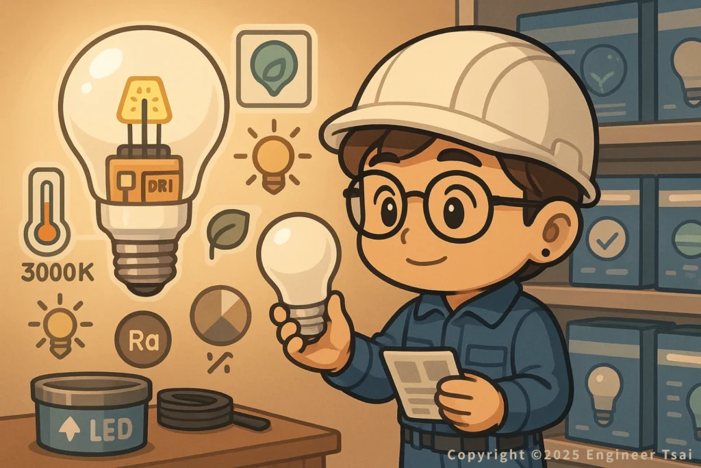 Engineer Tsai在店內選購LED燈泡，查看色溫3000K與演色性等參數。