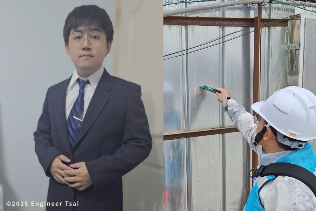 Office worker in a suit in the AI era contrasted with a young electrician in a hard hat using a voltage tester on site, symbolizing a shift from office job to field work