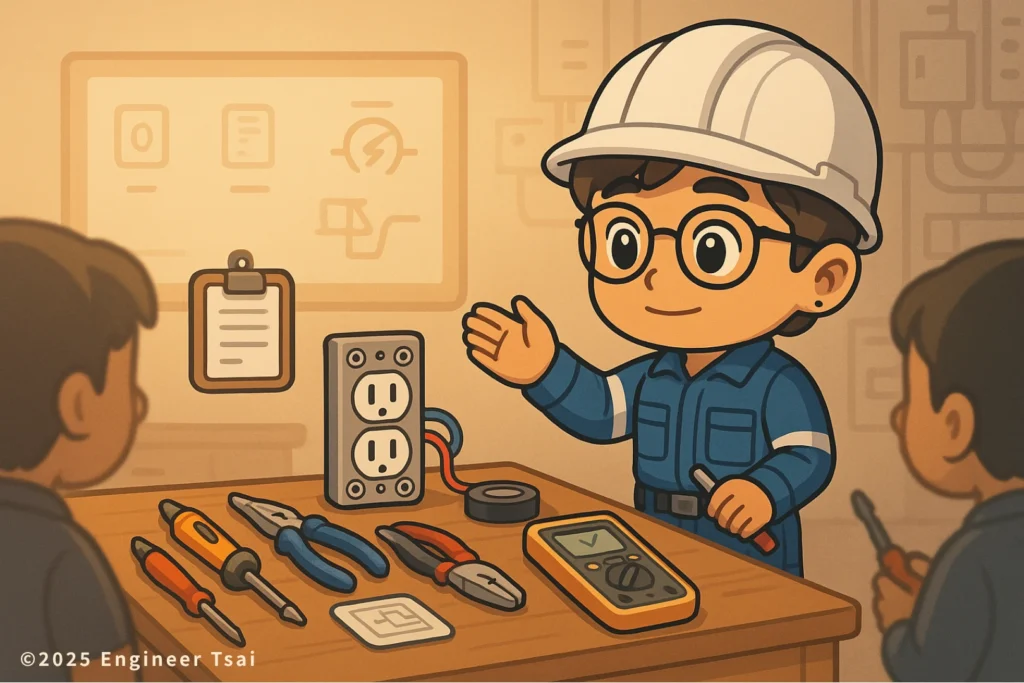 Student following the electrician career change roadmap with Engineer Tsai, using a voltage tester and basic hand tools to practice replacing switches and outlets