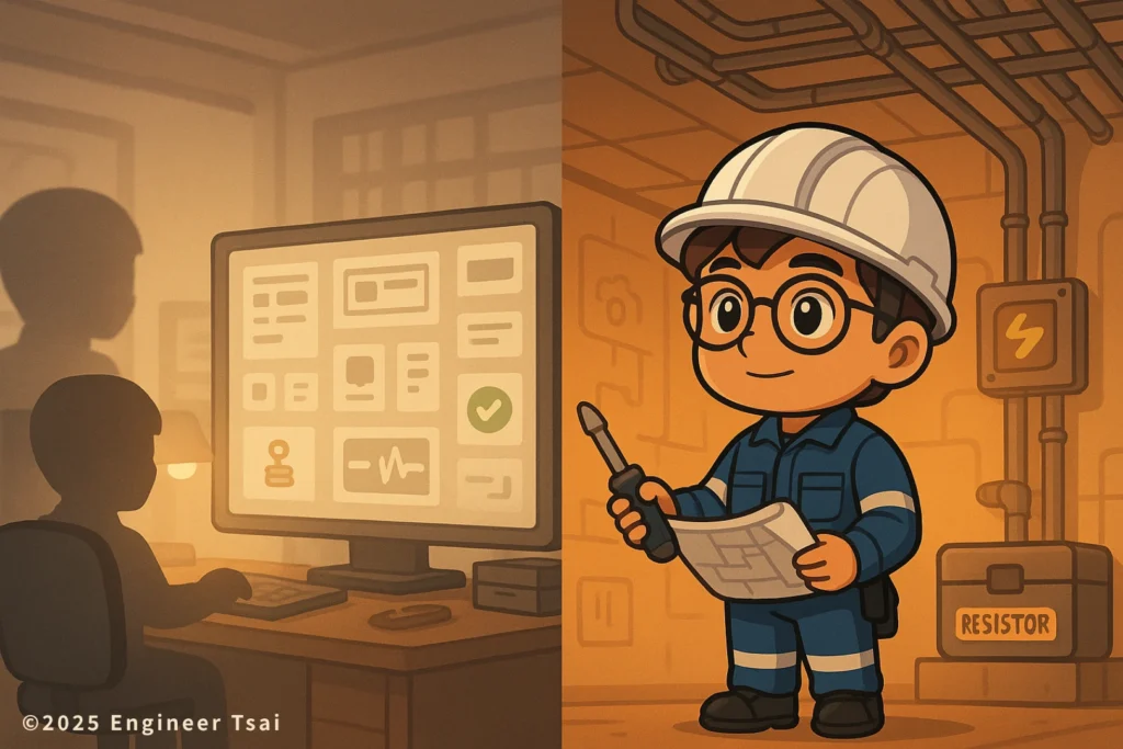 辦公室對著螢幕的白領工作與在工地抬頭檢查配線的電工對比，凸顯 AI 難以取代的現場職務