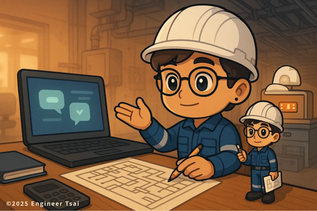 年輕電工一邊用 AI 工具查看電路圖一邊做筆記，象徵把 AI 當成學習助教強化電工專業