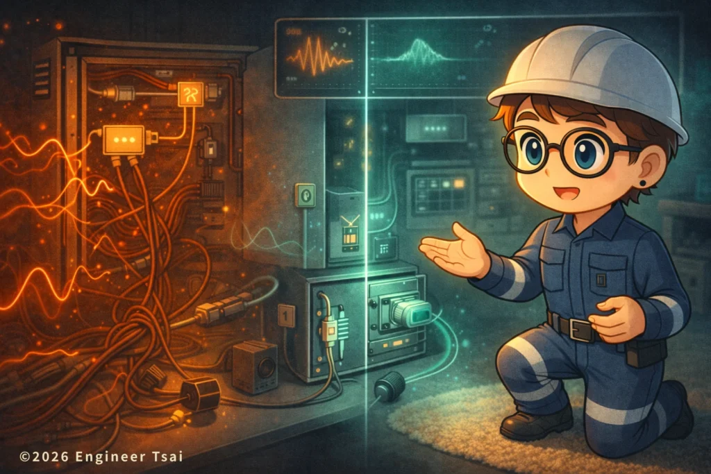 電磁干擾 EMI 示意圖：傳導與輻射雜訊如何影響電子設備（濾波、屏蔽防護）