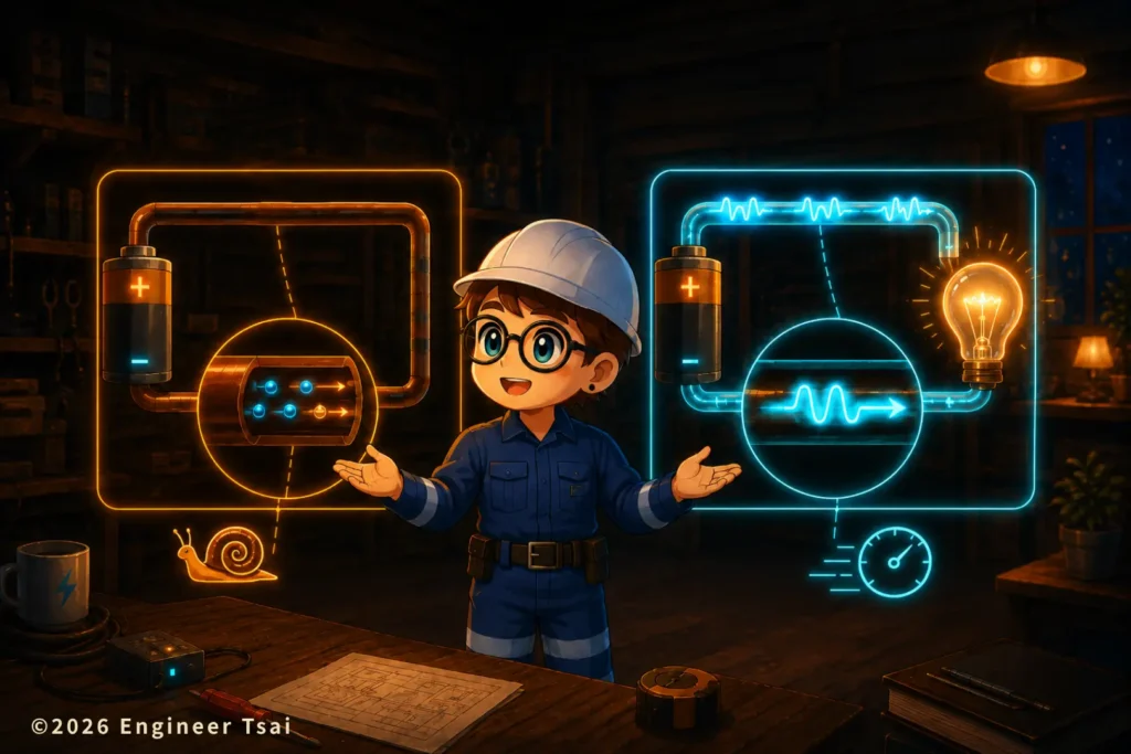 electrons drift slowly while electric field changes propagate quickly through a circuit