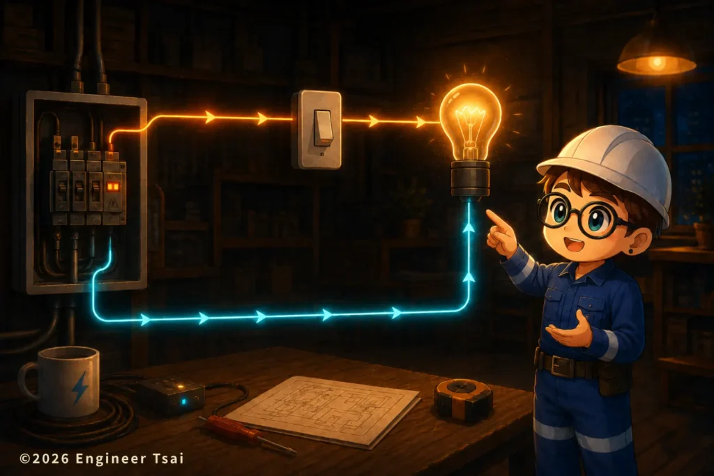complete lighting branch circuit from breaker panel through hot wire switch light and neutral