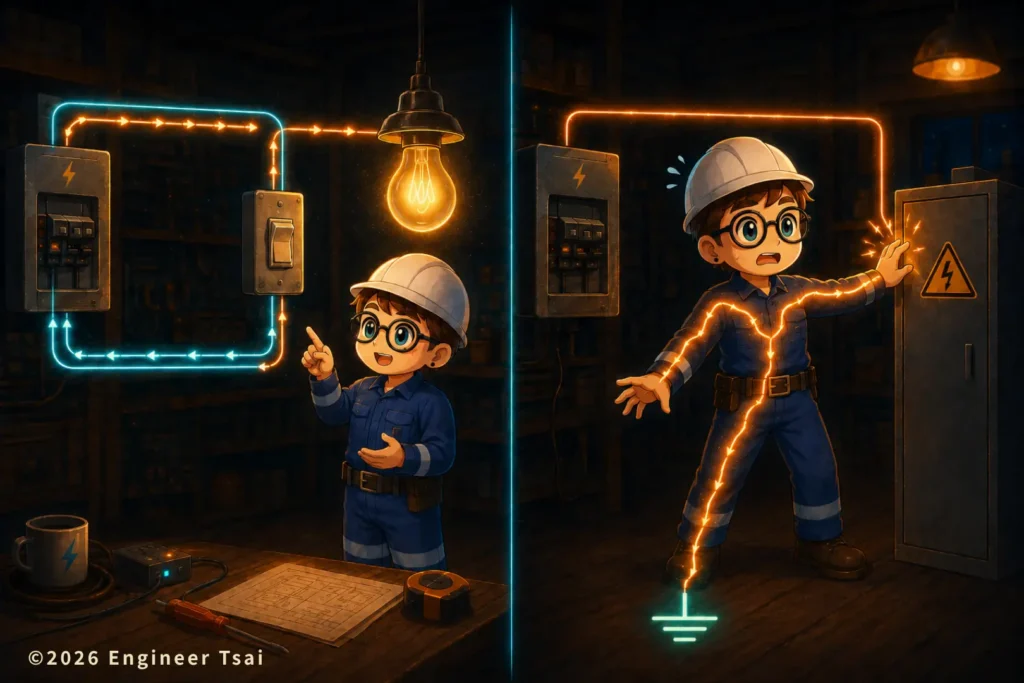normal lighting circuit compared with a shock path through energized metal and a person to ground