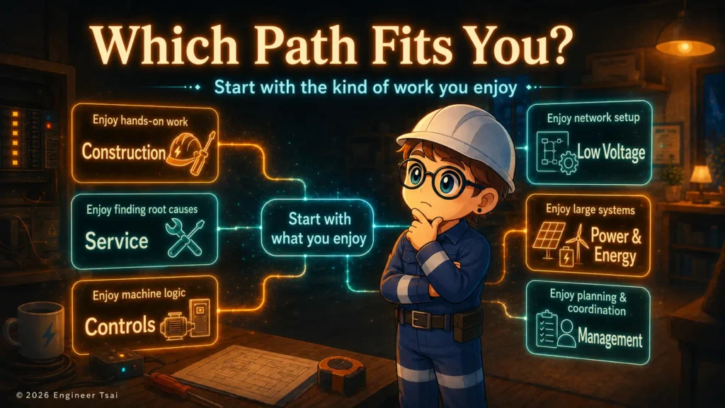 Electrician choosing among construction, service, controls, low-voltage, power and energy, and management career paths.