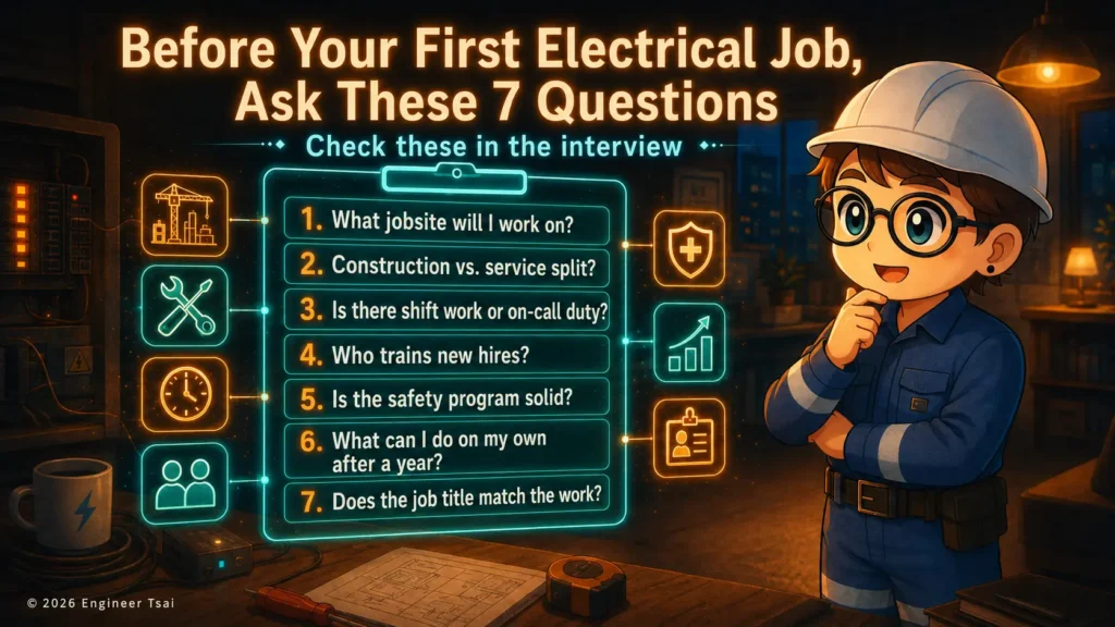 Seven questions to ask before accepting a first electrical job, including training, safety, scheduling, and job duties.