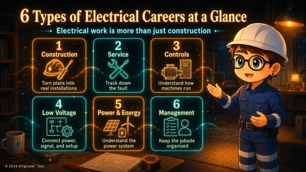 Six types of electrical careers: construction, service, controls, low voltage, power and energy, and management.