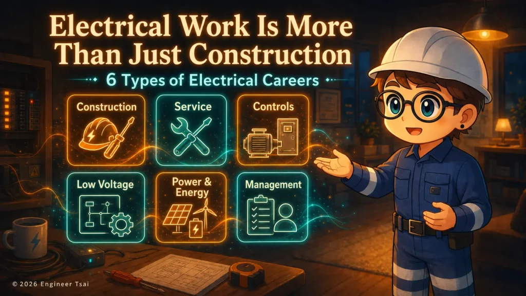Electrical work includes construction, service, controls, low voltage, power and energy, and management career options.