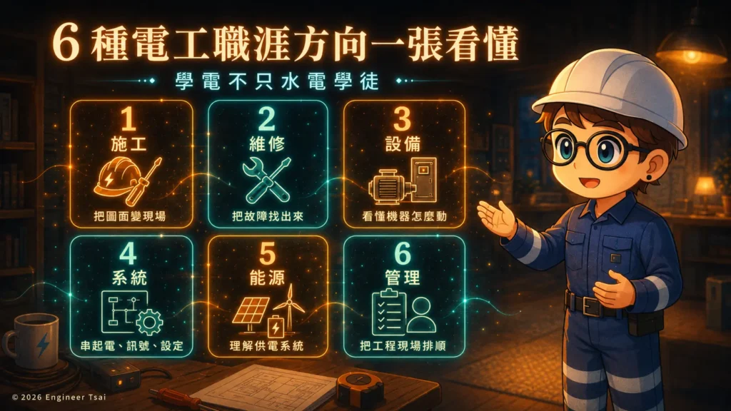 電工職涯方向比較,包含施工、維修、設備、弱電系統、能源與工程管理