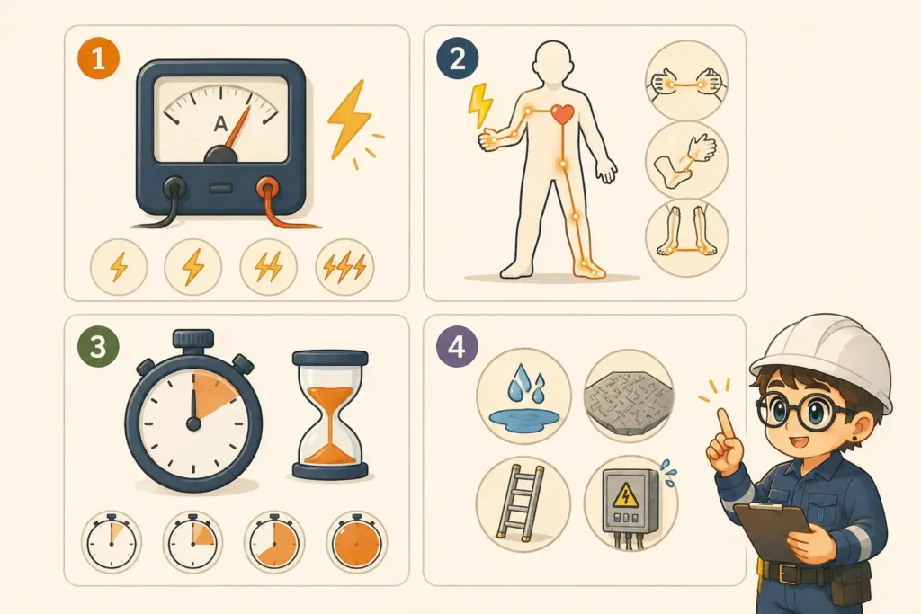 four electric shock risk factors current magnitude body path contact time and environment