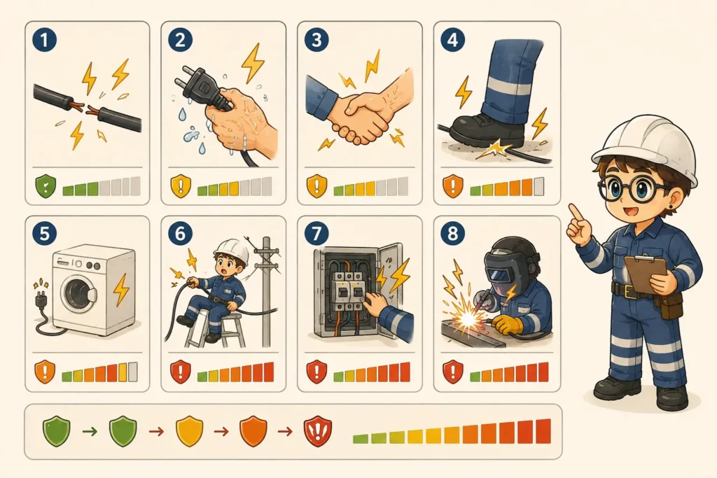 eight electric shock scenarios including wet 120 volt contact current paths panel contact and welding