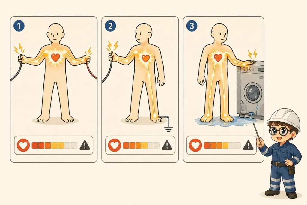 hand-to-hand hand-to-foot and energized metal appliance electric shock current paths