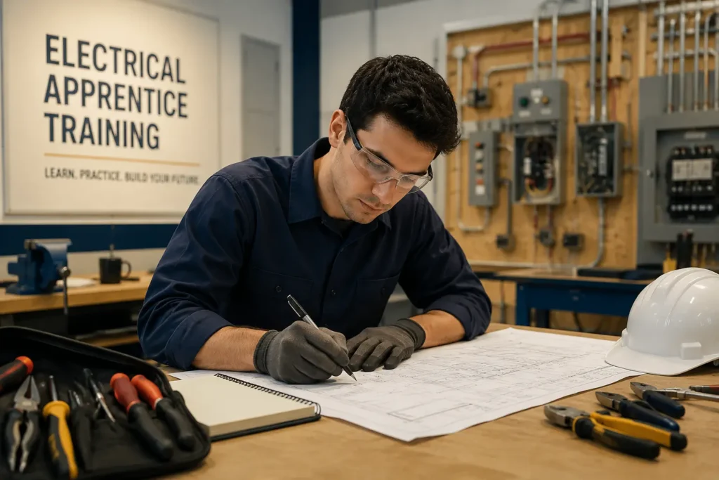 An apprentice electrician studies technical blueprints in a training facility with an electrical panel background. This educational scene illustrates the path of how to become an electrician through registered apprenticeship programs.