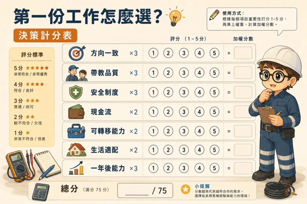 電工第一份工作與起步方式決策計分表