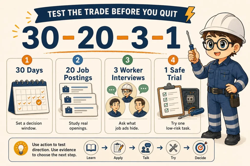 electrician career change checklist with a 30-day, 20-job, 3-interview, and 1-safe-trial plan