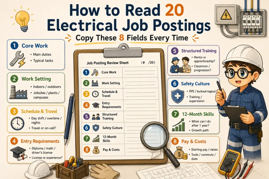 Infographic showing how to read 20 electrical job postings by tracking 8 key fields, including core work, work setting, schedule, training, safety culture, future skills, and pay.