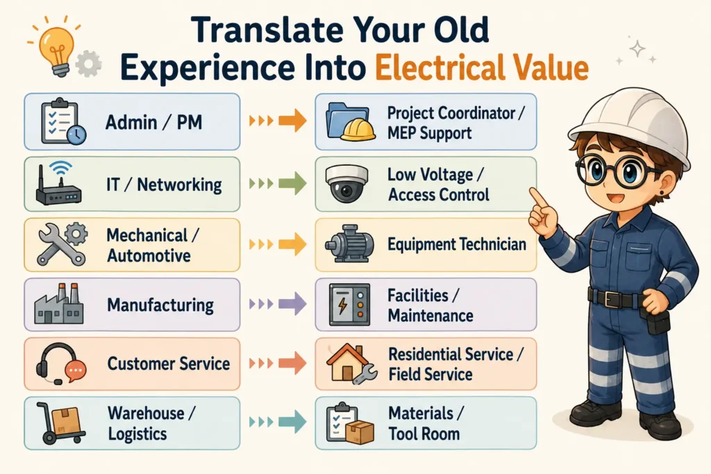 Infographic showing how transferable skills from admin, IT, mechanical, manufacturing, customer service, and logistics can translate into electrical career opportunities.