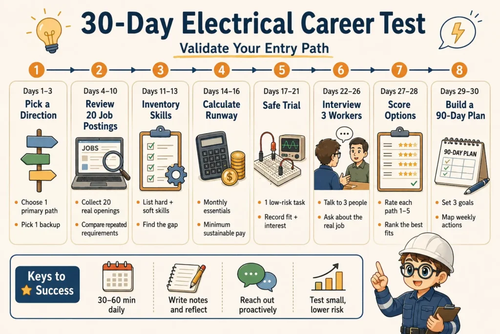30-day electrical career test infographic showing a step-by-step plan to validate an entry path through job posting review, skill inventory, worker interviews, and a 90-day action plan.