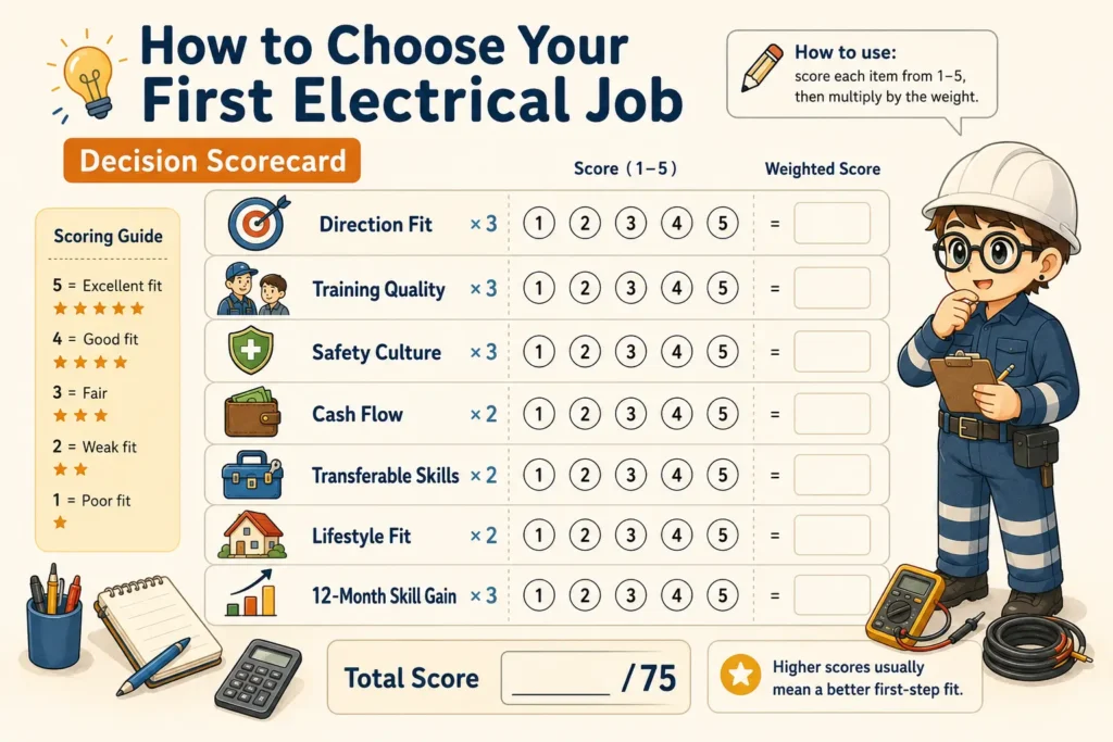 Electrical job decision scorecard infographic for choosing a first electrical job based on direction fit, training quality, safety culture, cash flow, transferable skills, lifestyle fit, and skill growth.