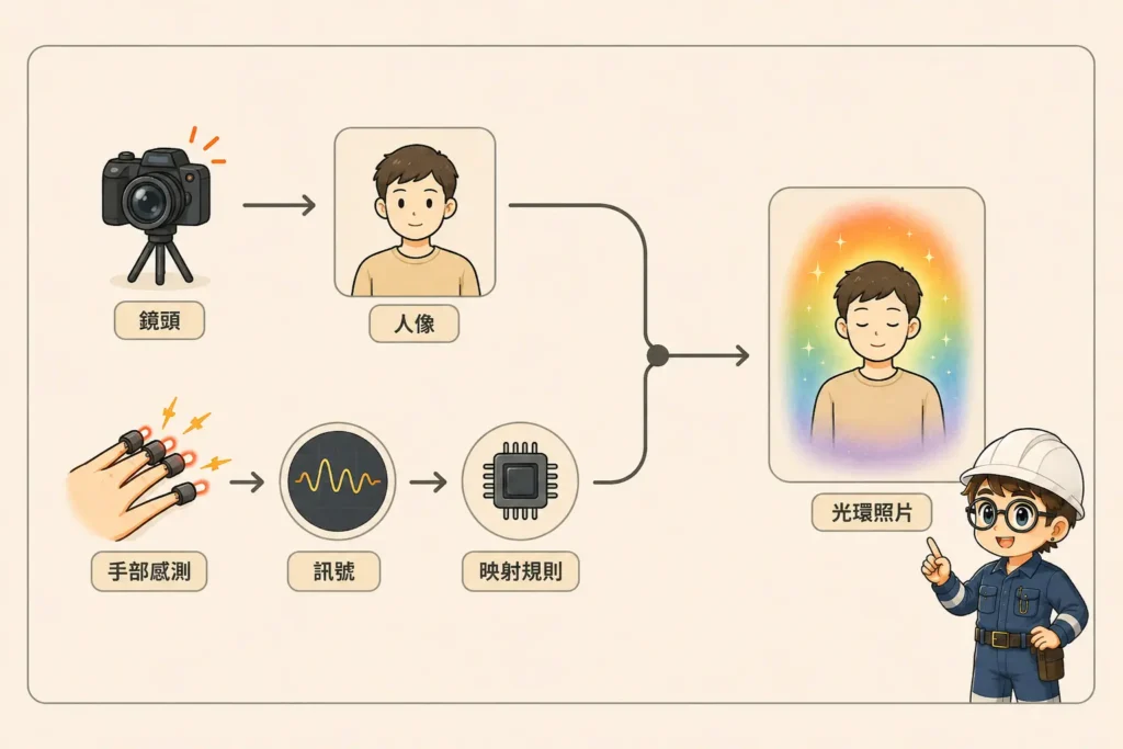AuraCamera成像流程圖:鏡頭取得人像,手部感測訊號經映射規則後生成光環照片