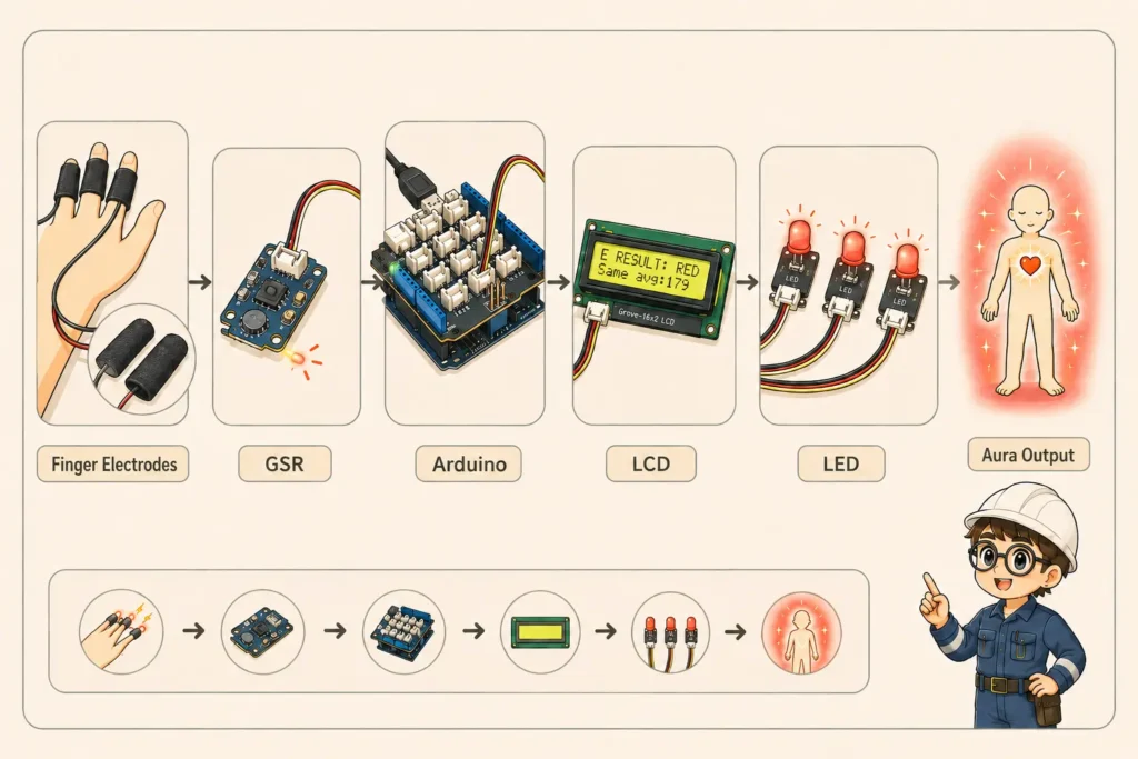 GSR and Arduino signal chain from finger electrodes to LCD, LED modules, and aura output