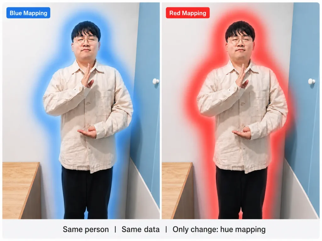 Same person and same sensor data mapped into blue and red aura results