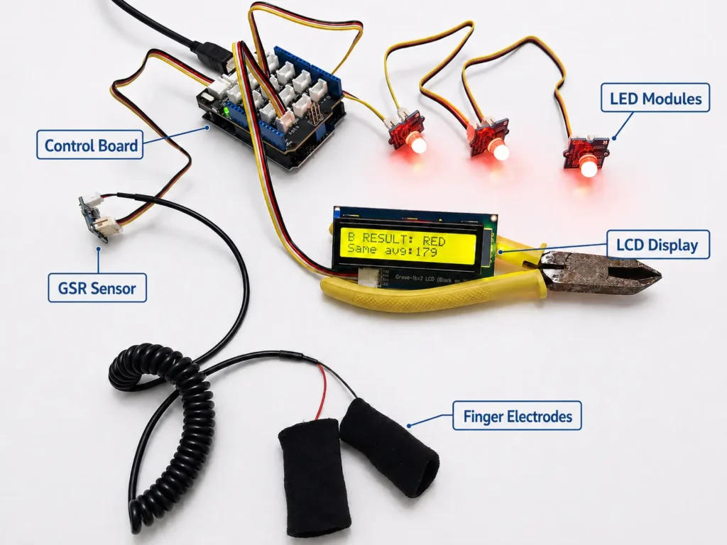 GSR and Arduino prototype with a control board, LCD display, LED modules, and finger electrodes