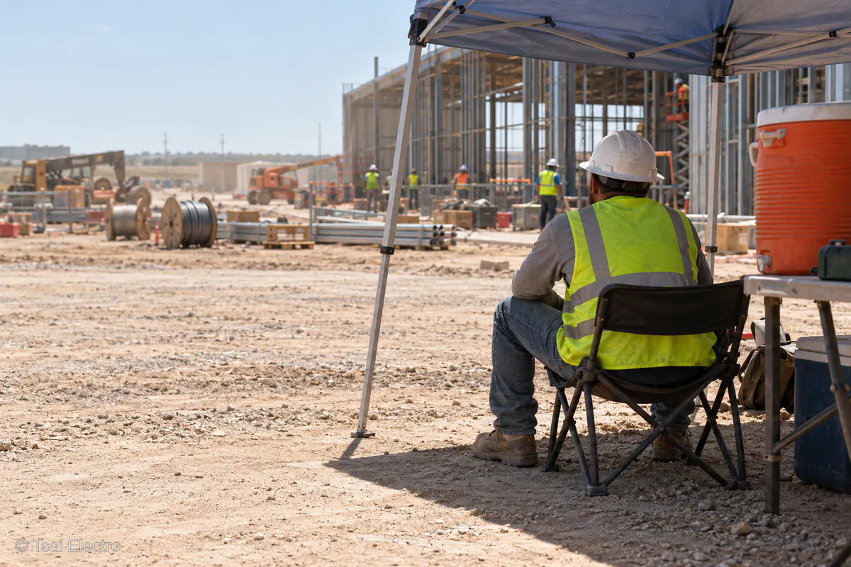 Electrical apprentice heat break under a shaded canopy at an outdoor Texas worksite