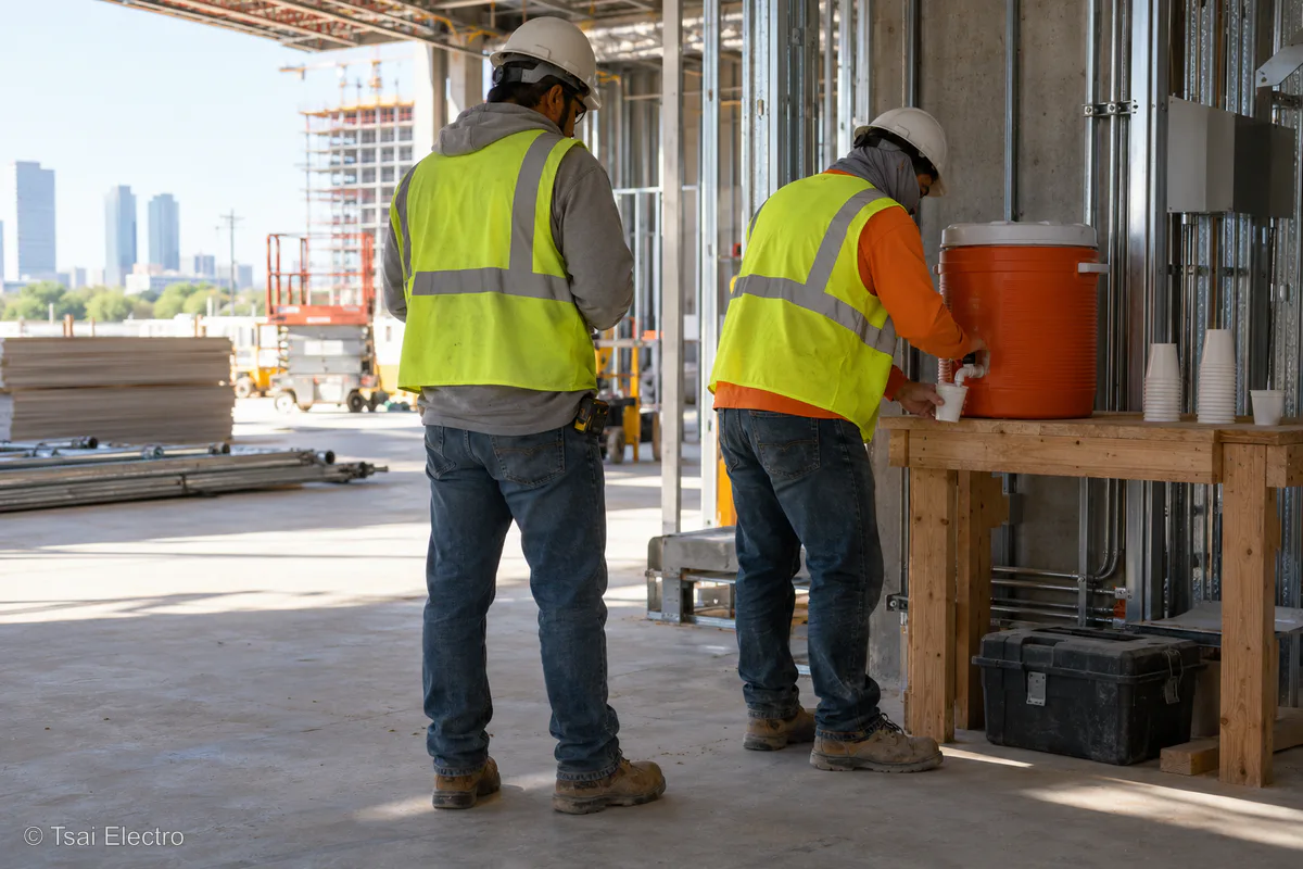 Two anonymous electrical workers using an employer-provided water station in shade