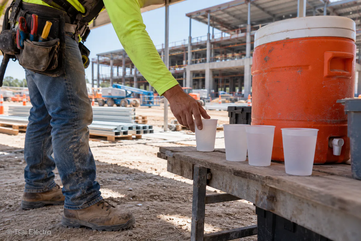 Plain cups and drinking water prepared for a scheduled heat break at a Texas job site