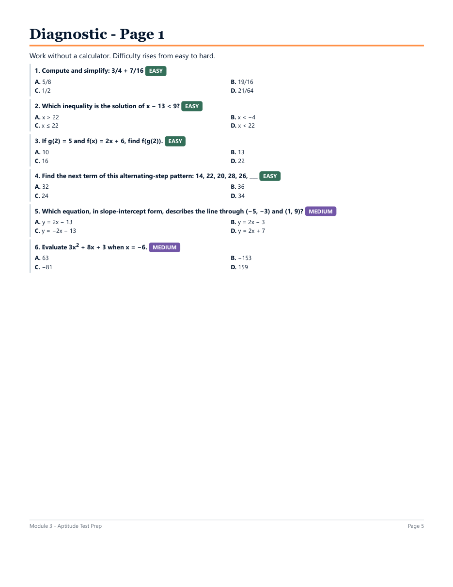 Aptitude Test Prep diagnostic page
