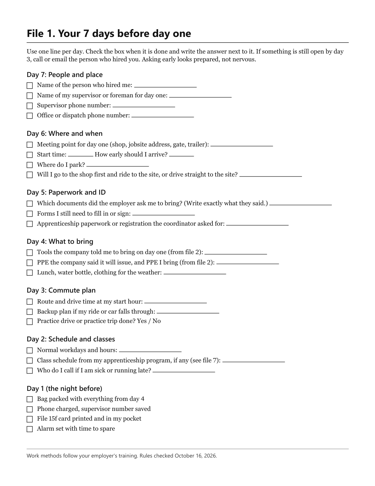 Page from the kit: File 1, Your 7 days before day one checklist
