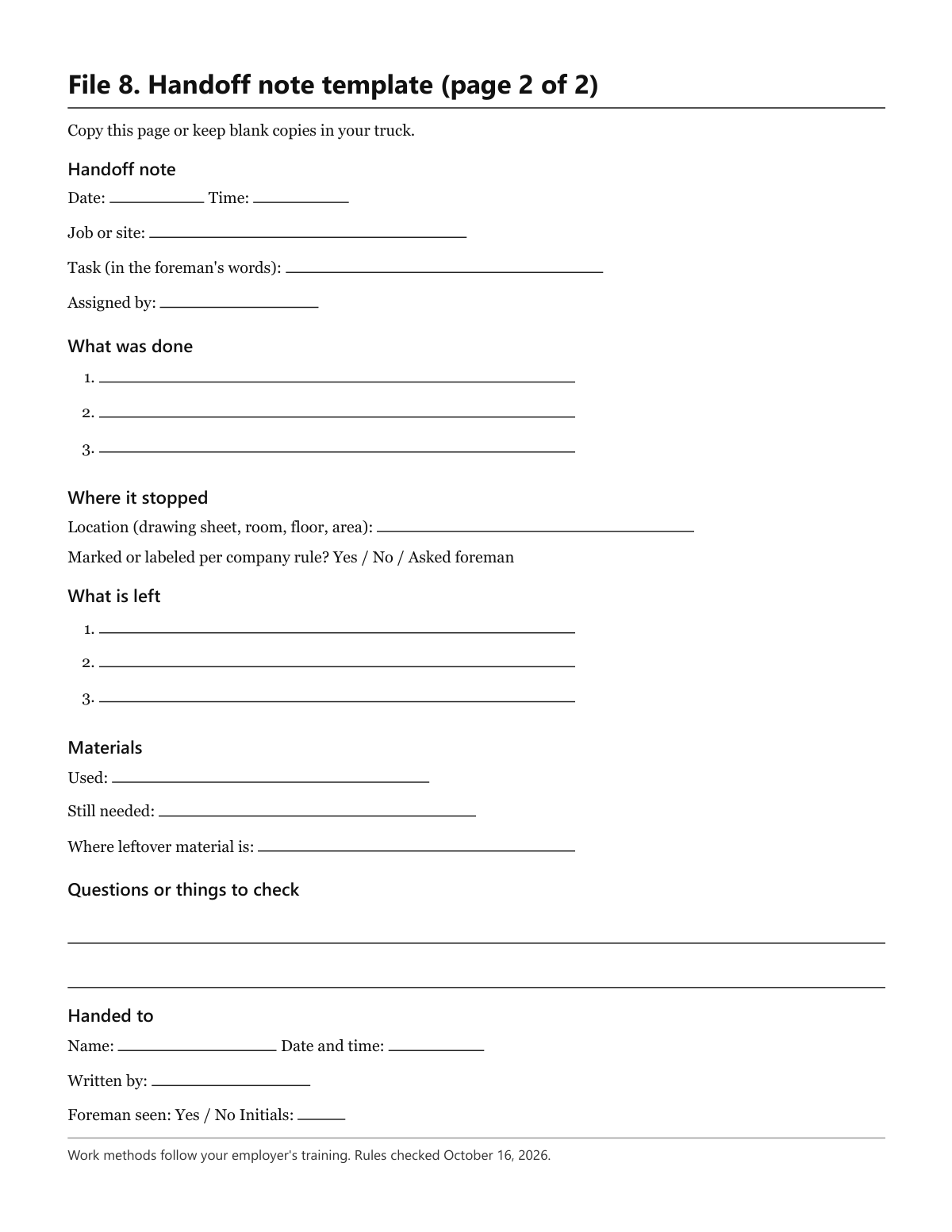 Page from the kit: File 8, handoff note template