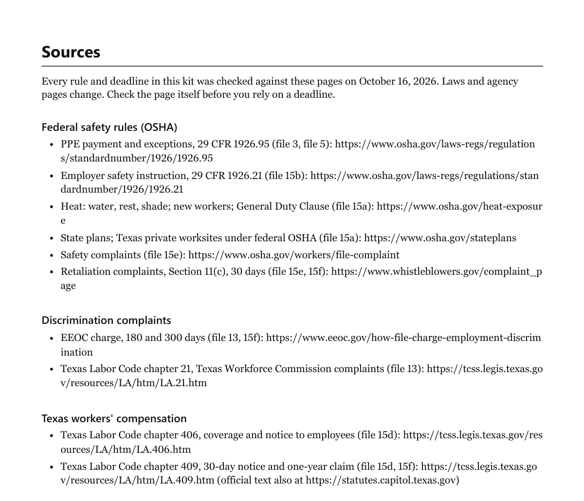 Last page of the kit: Sources, listing OSHA, EEOC, Texas Labor Code and NIOSH pages