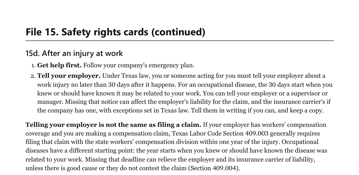 Page from the kit: 15d, After an injury at work, citing Texas Labor Code Section 409.003