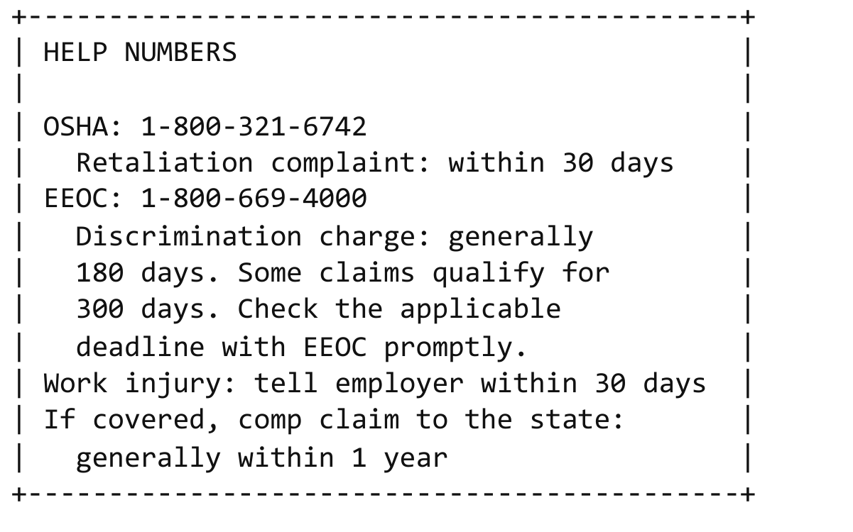 Close up from 15f: help numbers wallet card with OSHA and EEOC phone numbers and deadlines