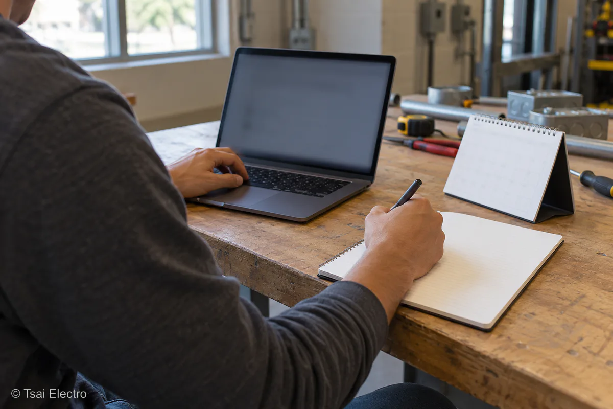 Applicant taking notes beside a laptop while planning an electrical apprenticeship retest