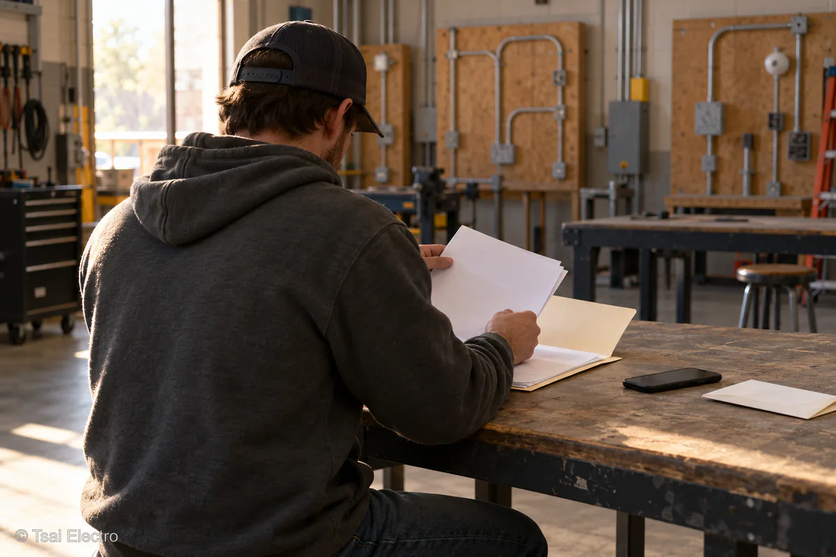 Anonymous applicant organizing reapplication papers in a West Texas electrical training shop
