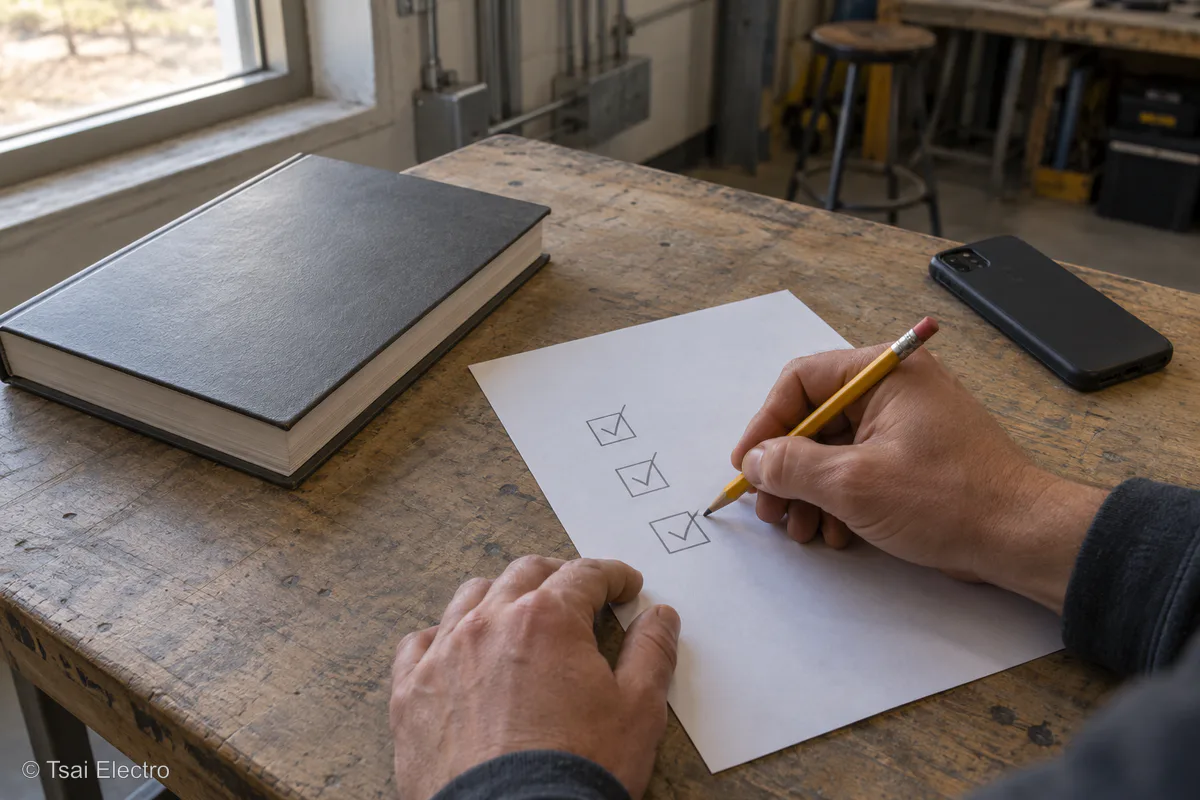 Hands marking a three-step reapplication checklist beside a closed electrical training manual