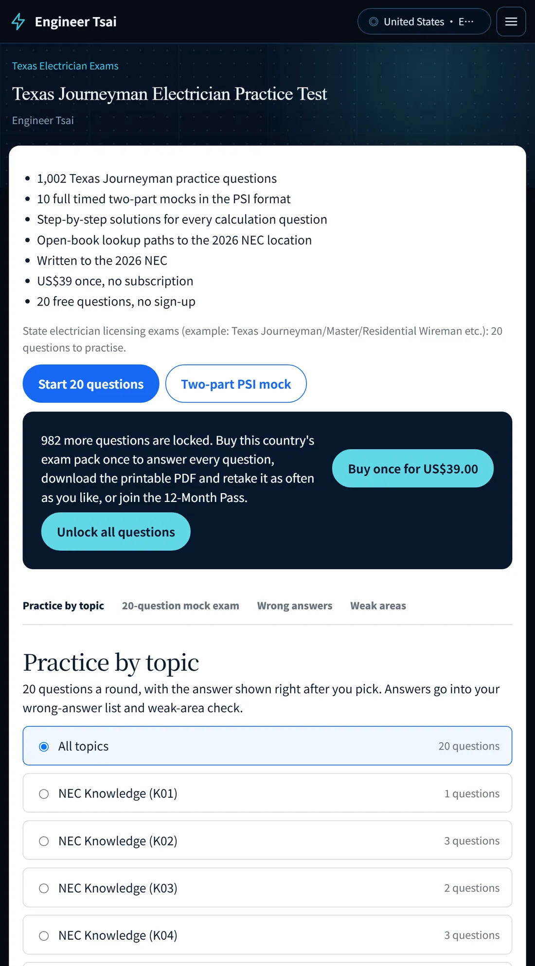 Free Texas Journeyman practice page with 20 questions and the two-part PSI mock