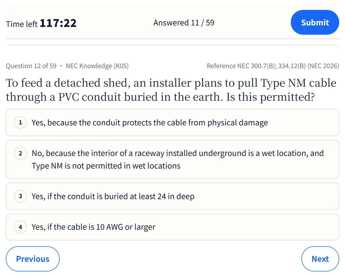 Timed Texas Journeyman mock, part 1 NEC Knowledge: question 12 of 59 with the countdown timer