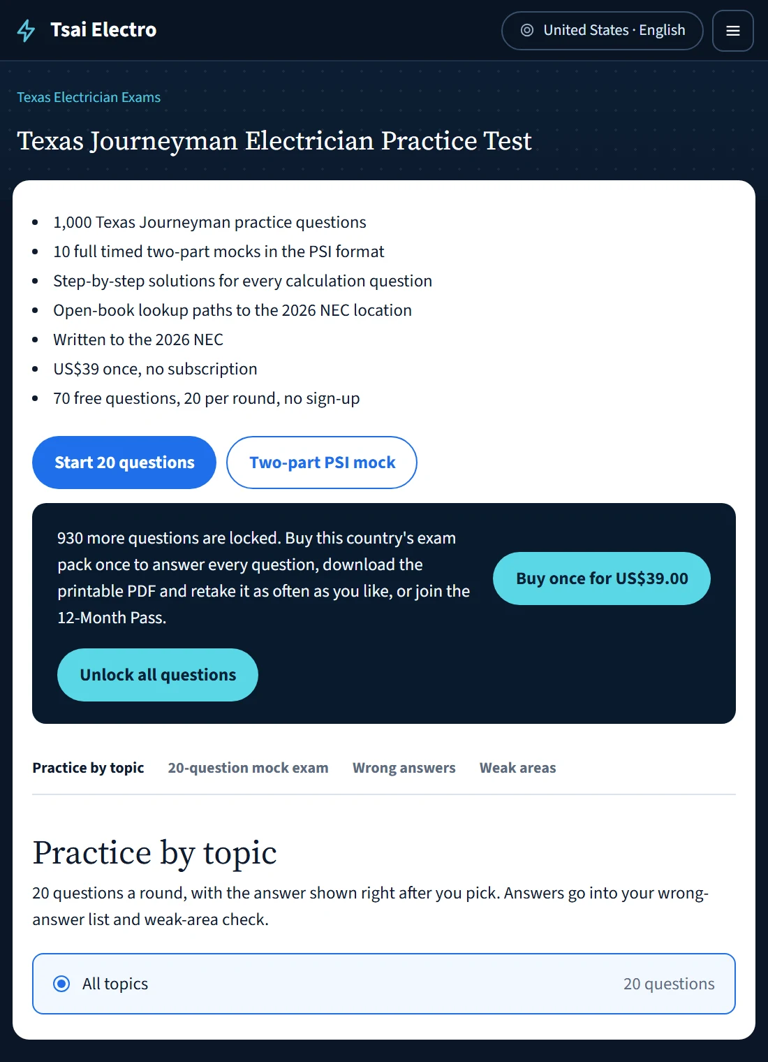 Free Texas Journeyman practice page with 70 questions and the two-part PSI mock